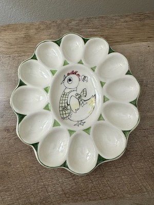 Vintage Ceramic Deviled Egg Plate Dish Hand Painted Chicken Spring Easter