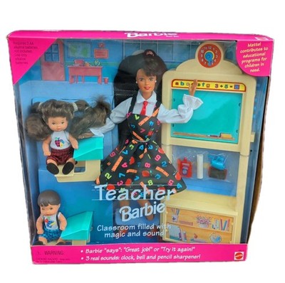 Vtg NIB Mattel Teacher Brunette Barbie 16210 Doll Classroom Play Set 2 Students 