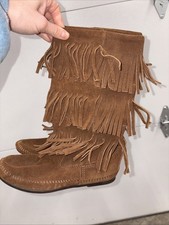 Minnetonka Three Row Fringe Tall BROWN Moccasins Boots Women's Size 7