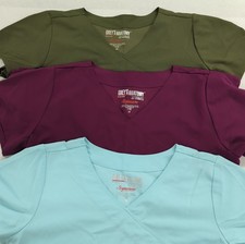 Grey s Anatomy Barco Women M V-Neck Scrub Top Pockets Lot of 3 Green Purple Blue