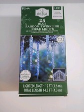 25 Count Blue LED Random Twinkling Icicle Lights Holiday Time Christmas 12' New