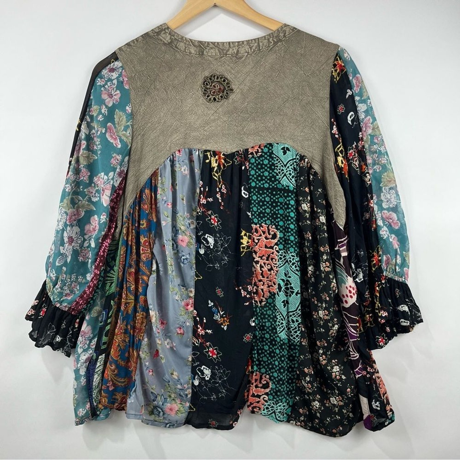 Boho Patchwork Button Down Blouse M | Embroidered… - image 2