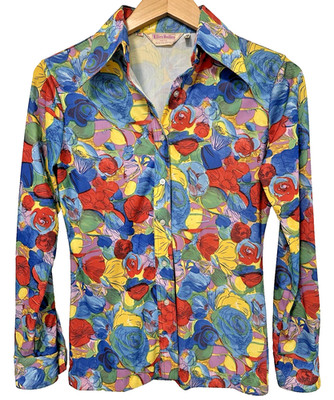S/M Vtg 70s Elles Belles Floral AOP Psychedelic Pop Art Hippie Boho Women's Top