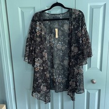 American Eagle Womens Floral Kimono Med Bell Sleeve Open Front Sheer Topper