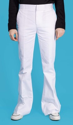 Mens 60s 70s Vintage Retro Presley White Cotton Twill Bell Bottom