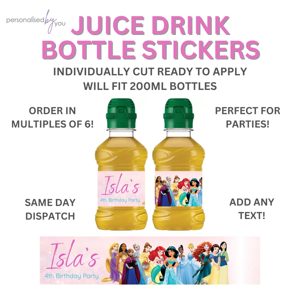 Personalised Disney Princess Fruit Shoot Juice Bottle Stickers Labels Party