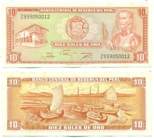 PERU NOTE 10 SOLES DE ORO 1976 REPLACEMENT SERIAL Z999 P 112 UNC