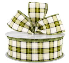 Green and Ivory 2.5" by 2 yd Check Plaid Wired Ribbon Country Farmhouse Everyday