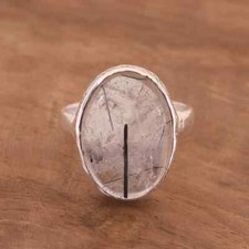 Christmas Black Rutilated Quartz Gemstone 925 Sterling Silver Handmade Ring Gift