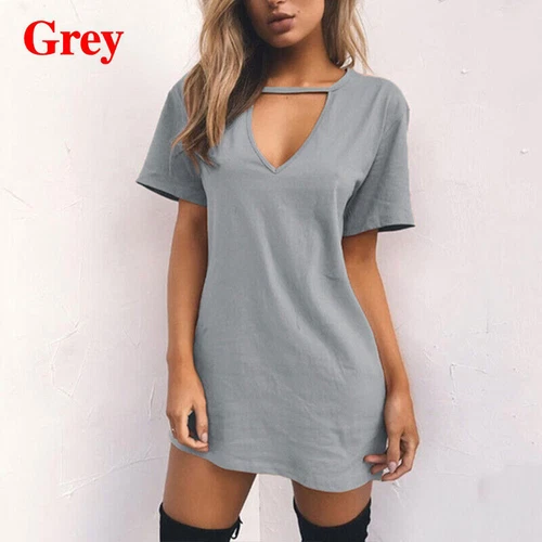 Damen T-Shirt Kleid V-Ausschnitt Sommerkleid Kurzarm Boho Strand Sommerkleid - Bild 20 von 49