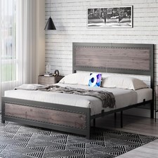 Bed Frame with Wooden Headboard and Charging Station Full Queen Size Platform