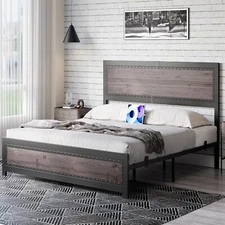 Bed Frame with Wooden Headboard and Charging Station Full Queen Size Platform