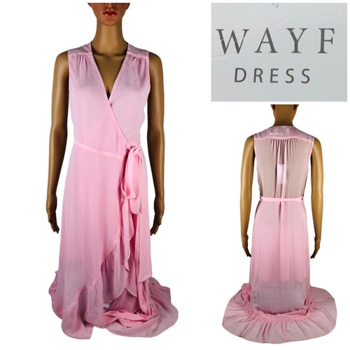 Wayf Womens Small Dress Sleeveless Ruffled V Neck Wrap Pink Maxi High Low NWT