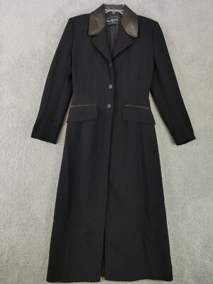 Manigance Paris Coat Women's 38 Long Lined Polyester Leather Trim Chic Academia