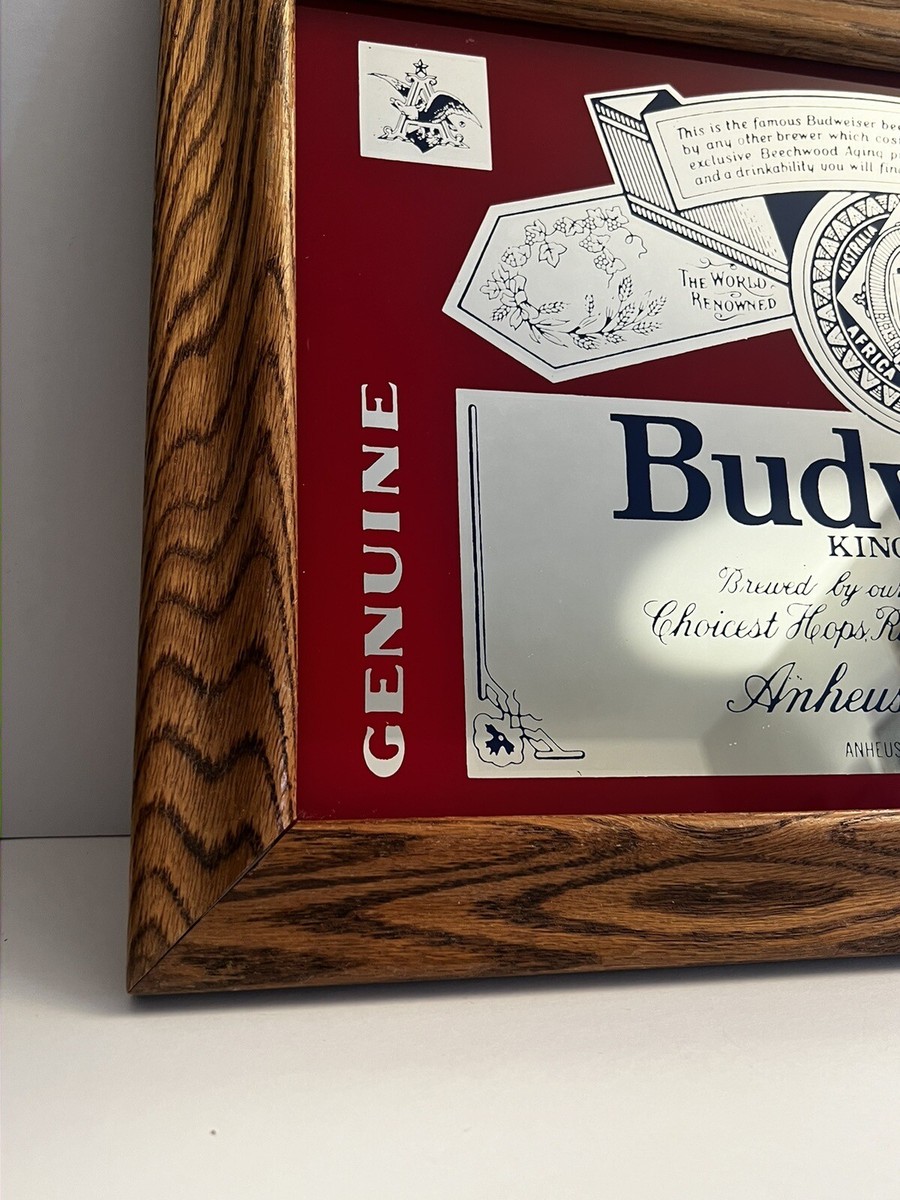 VINTAGE BUDWEISER BEER ANHEUSER BUSCH MIRRORED OAK WOOD FRAME BAR