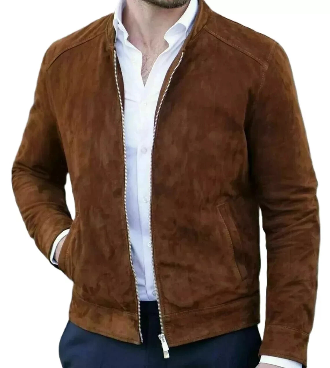 Men’s Brown Suede Leather Biker Jacket – Modern Cafe Racer Style Coat