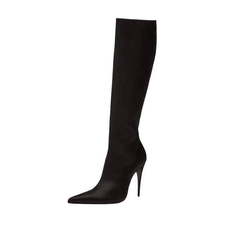 Plus Size Satin Pointed Toe Stiletto Heels Knee High Boots Women Side Zip Shoes - Imagem 2 de 4