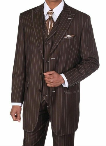 New Men's Classic Pinstriped Suit With Vest Brown/White 36" Length 38R~60L - Picture 3 of 4