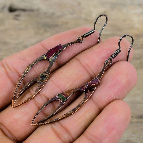 Pink Tourmaline Rough Gemstone Copper Drop Dangle Electroformed Earrings Jewelry - Picture 3 of 6