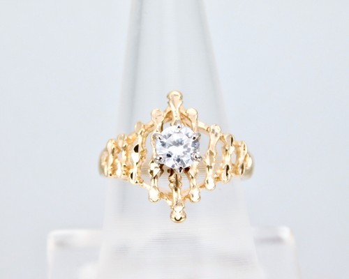 Diamond Cut Branch Motif Yellow Gold Cubic Zirconia Center Solitaire Ladies Ring - Picture 2 of 9