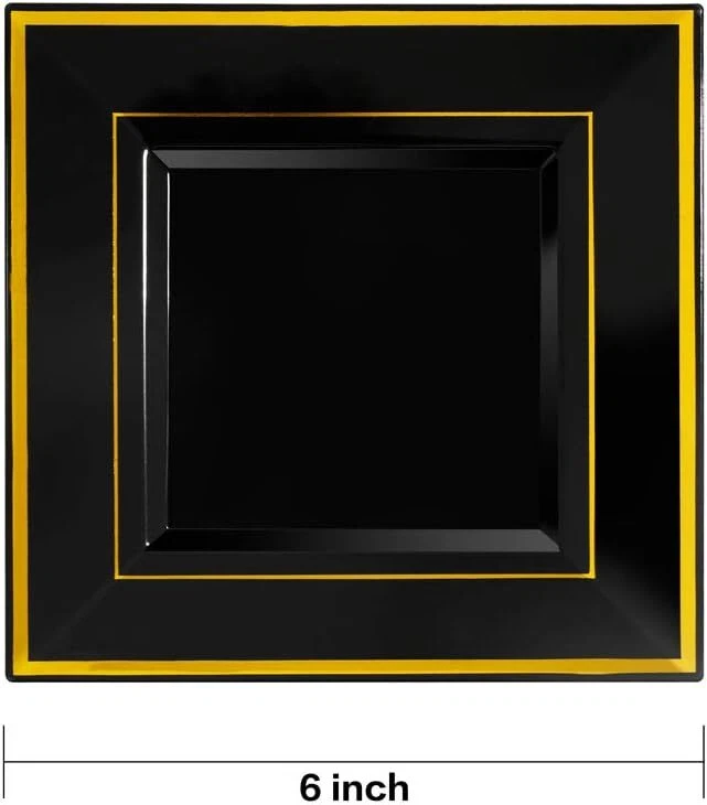 bUCLA 100PCS Black Square Plastic Plates with Gold Rim - 6 inch Disposable Cake - Image 2 of 4