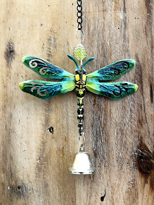 Dragonfly Metal Hanging Ornament with Bell 7''L Green ( 2 pack)