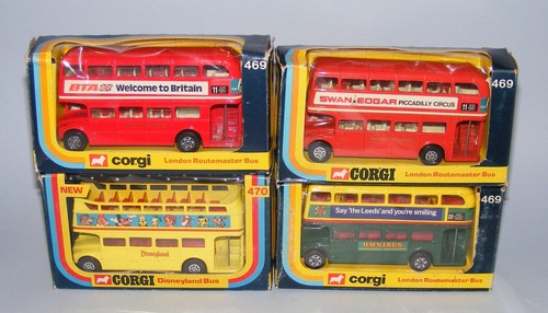 CORGI #469 LONDON ROUTEMASTER BUS SWAN EDGAR + BTA + SHILLIBEER + 470 DISNEYLAND