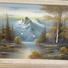 Landscape Painting River Birds Flying Acrylic Signed Art 21”x17” Canvas Framed