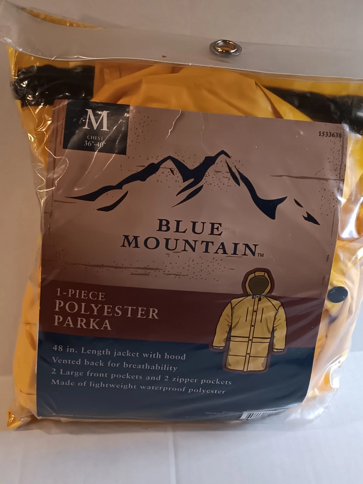 Blue Mountain 1 Piece Polyester Parka Rain Jacket Size M Yellow New