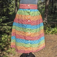Vintage 70s Rainbow Gingham Checkered Skirt XS Button Front Cottagecore Midi