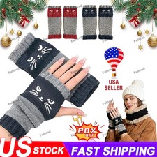 2PCS Knitted Fingerless Gloves for Women, Cute Cat Embroidery Cozy 20 OFF