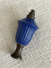 Vintage 2.5” Art Deco Blue Ceramic/Brass Lamp Finial, Stepped Skyscraper Design