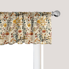 Fall Window Valance, Vintage Cottagecore Wild Flowers and Dry Leaves Illustratio