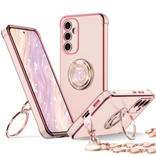Galaxy S24 Case with Stand, Bling Heart Design, Double Ring, Pink Luxury Protect
