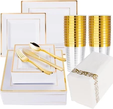  50 Guest Gold Dinnerware Set-100 White Square Plastic Plates with Gold Rim, 