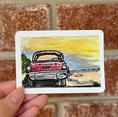 ACEO Original Watercolor Car Painting  Somewhere Past Amarillo  2.5x3.5