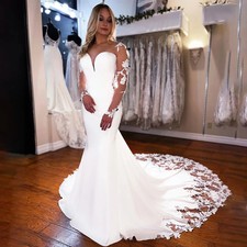 Pure White Mermaid Wedding Dress Nude Mesh Long Sleeves Trumpet Long Train