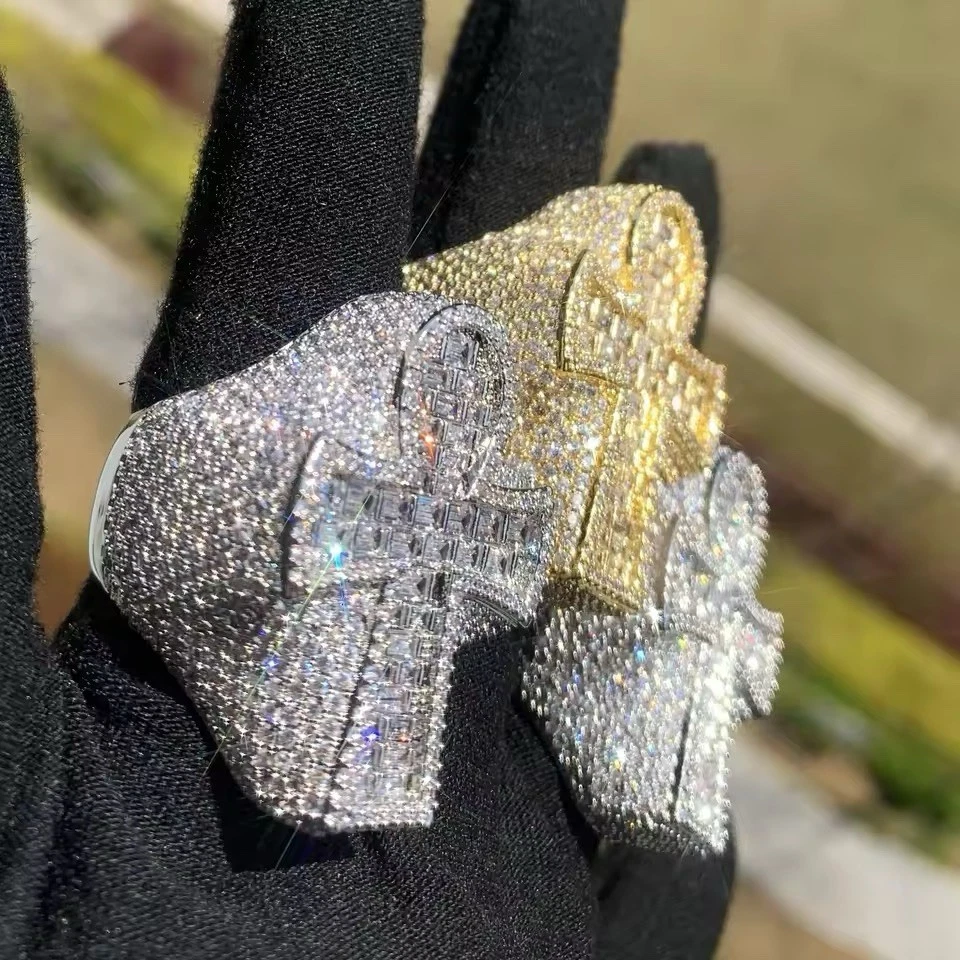 Anillo Cruzado Baguette Helado 5A Circonita Circonita Hip Hop Bling Joyería Hombres Mujeres Foto 2 de 4