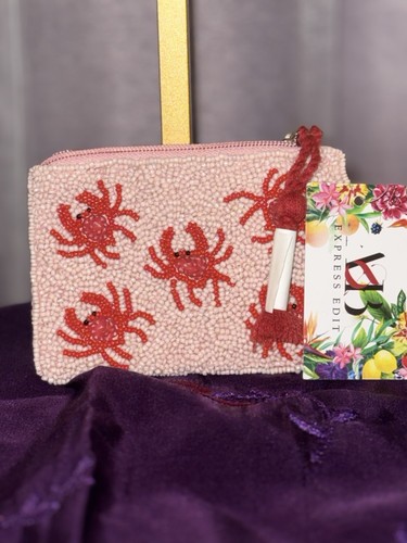 NWT A&B Express Edit Beaded Crab Coin Pouch Pink Red Handcrafted Pouch