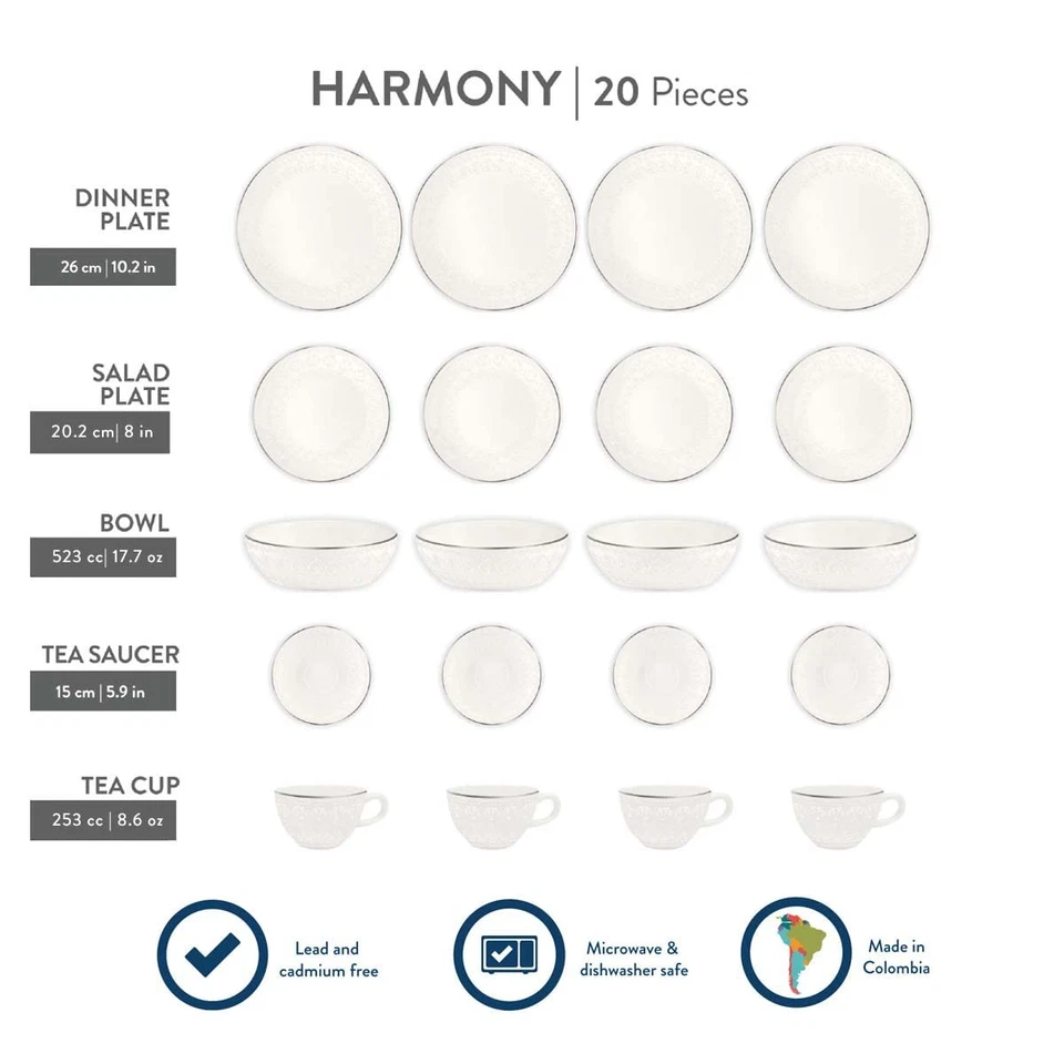 Vajilla de cerámica Corona 20 piezas borde plateado elegante estampado floral en relieve... Foto 4 de 4