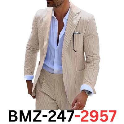 Seersucker Slim Suit Formal Summer Beach Wedding Grooms 2 Piece
