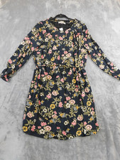 LOFT Dress Women 16 Navy Floral Belted Tie Waist Long Sleeve Cottage Prairie New