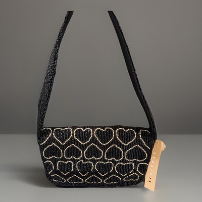 Well Made Beaded Handbag India Made Gold Heart Black Background Shoulder Bag NWT