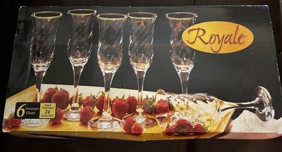 NEW 6 ROYALE Swirl 24Karat Gold Decorated Glass  Champagne Flutes 8.5 