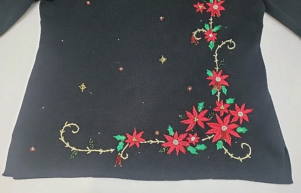 Usado en Excelente Condición Suéter de Navidad para Mujer Mediano Con Cuentas y Bordado Poinsettia Negro Dorado Rojo Foto 4 de 4