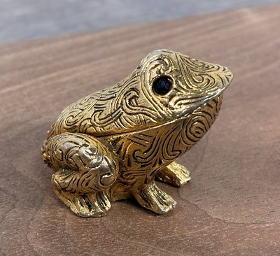 Vintage Max Factor Solid Perfume Gold Tone Frog Black Eyes Trinket Free Ship