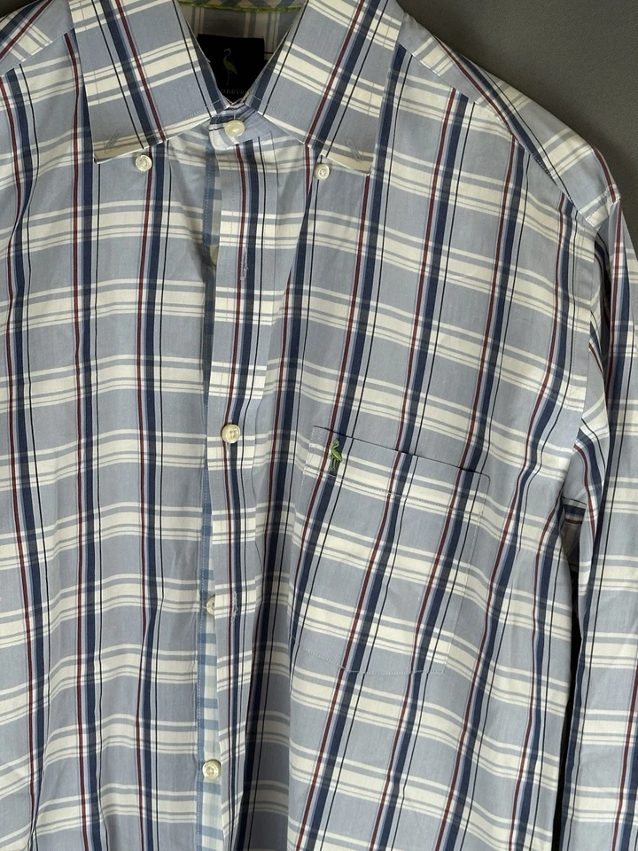 Tailorbyrd 衬衫男式大号白色蓝色格子棉质纽扣长袖 — 第 3/4 张图片