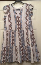 Loft Southwestern Geometric Print Dress, Brown Blue Cream, Size Large