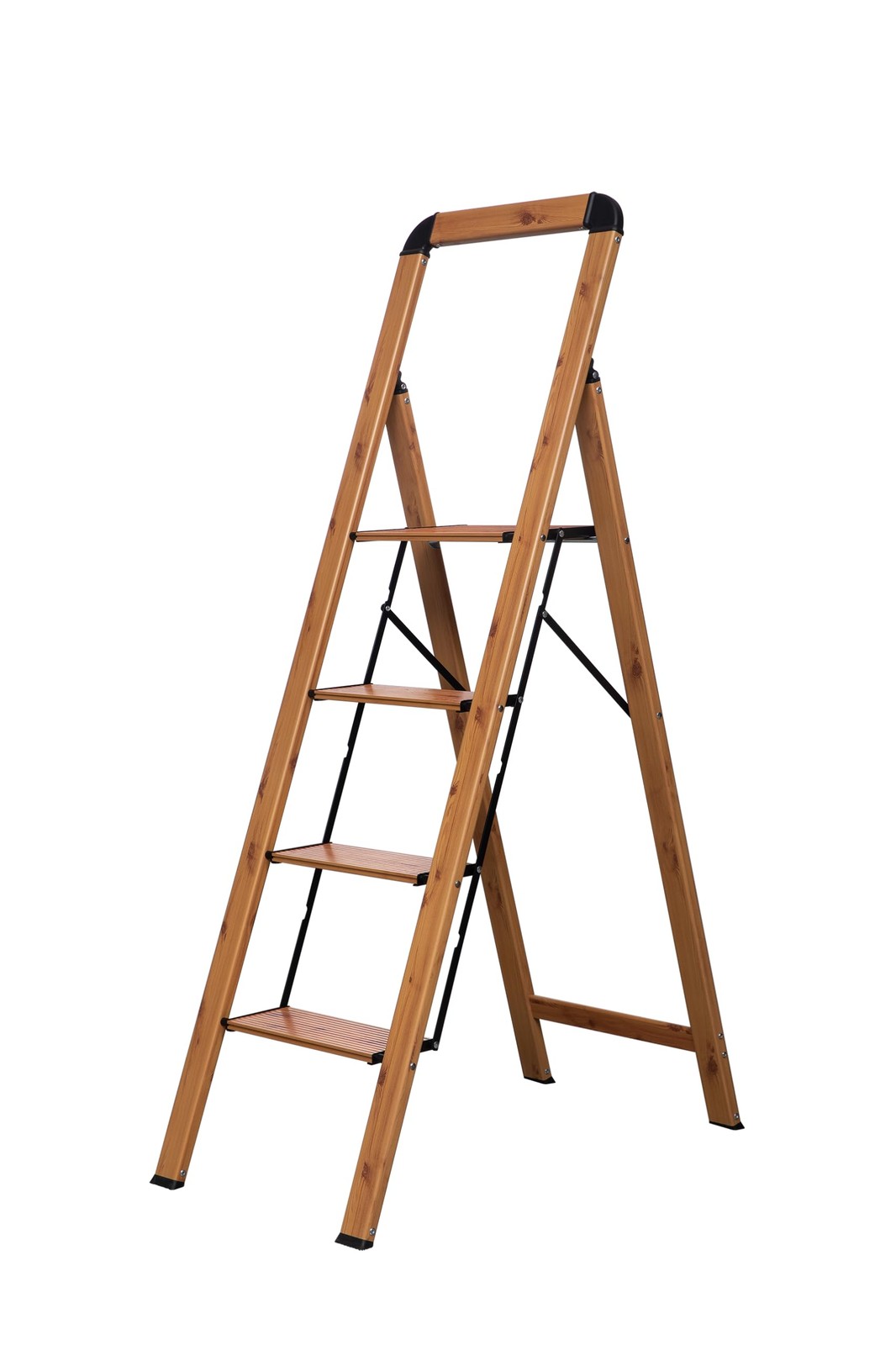 Woodgrain Aluminum Folding Step Stool 4-Step Wide Platform Ladder