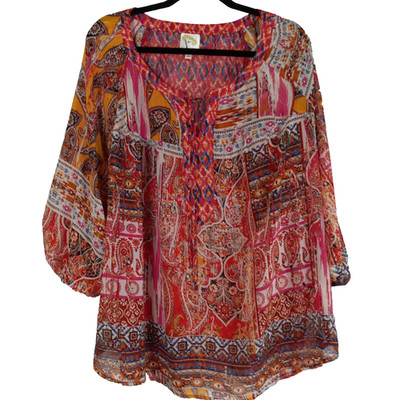Fig and Flower Peasant Top 2X Multi Semi Sheer Boho Festival Southwestern